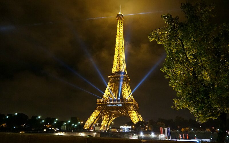 Eiffel Tower at Night — Yellow, Dramatic, Photograph, Lights