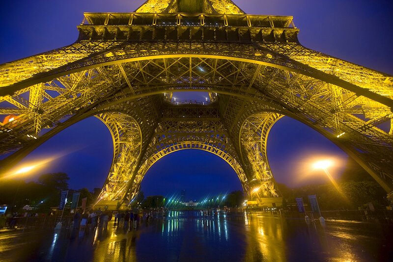 Eiffel Tower at Night — Yellow, Dramatic, Photograph, People
