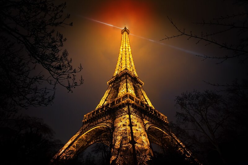 Eiffel Tower at Night — Yellow, Dramatic, Photograph, Trees