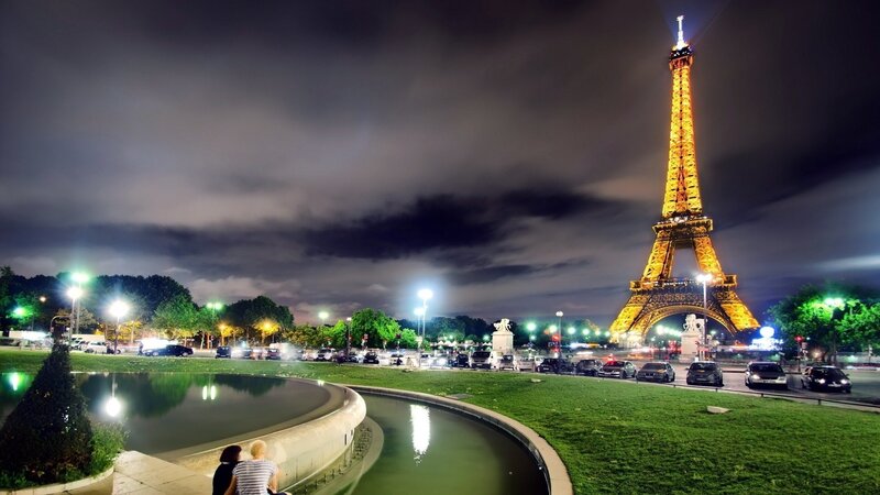 Eiffel Tower at Night — Yellow, Serene, Photograph, Fountain