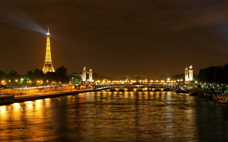 Eiffel Tower at Night — Yellow, Serene, Photograph, River