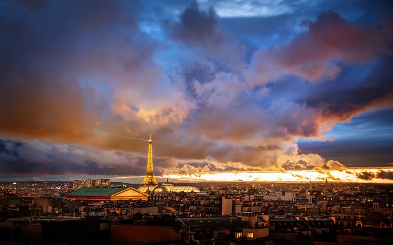 Eiffel Tower at Sunset — Blue, Dramatic, Photograph, Cityscape, Clouds