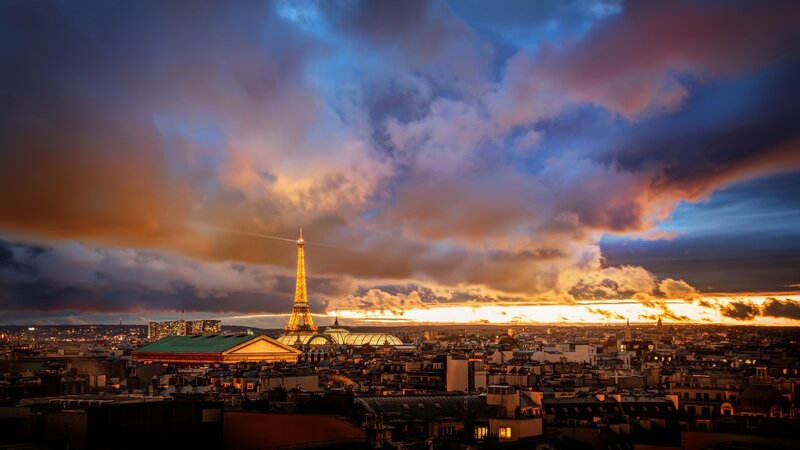 Eiffel Tower at Sunset — Blue, Dramatic, Photograph, Cityscape