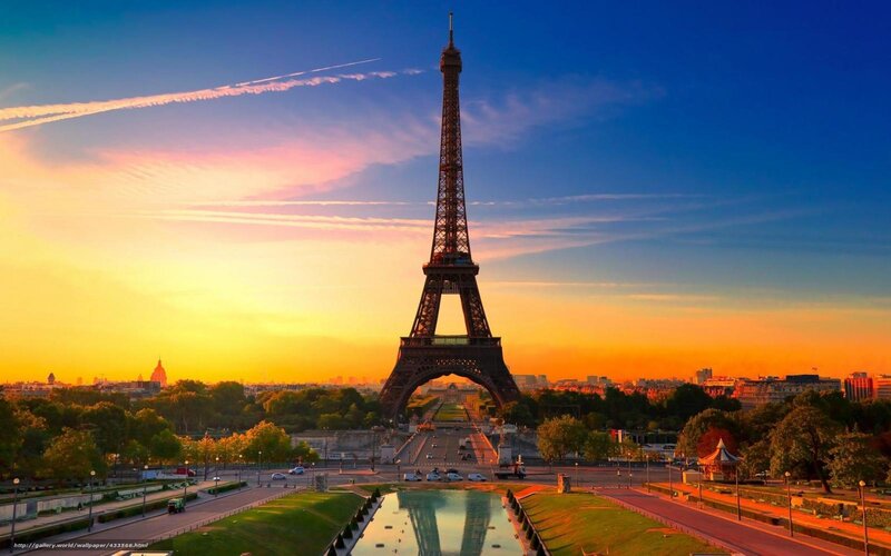 Eiffel Tower at Sunset — Blue, Dramatic, Photograph, Cityscape, Trees