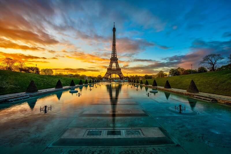 Eiffel Tower at Sunset — Blue, Dramatic, Photograph, Fountain, Sky