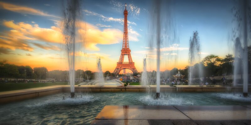 Eiffel Tower at Sunset — Blue, Dramatic, Photograph, Fountain