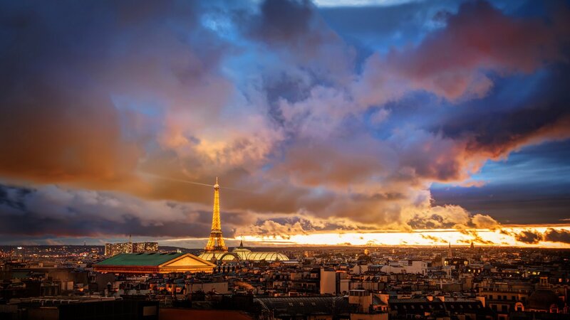 Eiffel Tower at Sunset — Blue, Dramatic, Photograph, Paris Cityscape