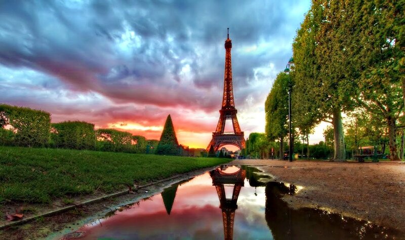 Eiffel Tower at Sunset — Blue, Dramatic, Photograph, Puddle