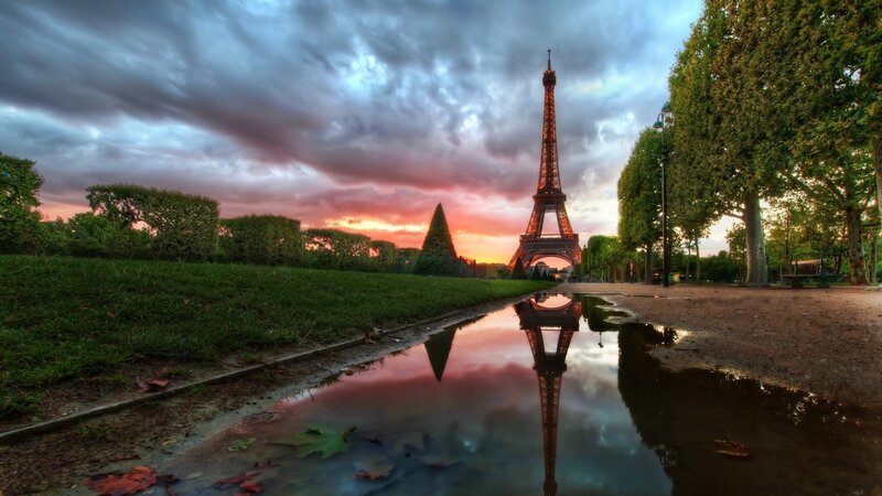 Eiffel Tower at Sunset — Blue, Dramatic, Photograph, Puddle, Trees, Sky