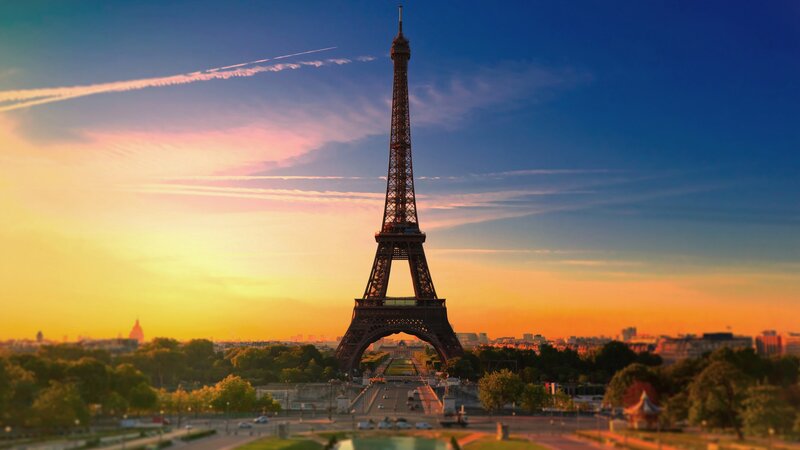 Eiffel Tower at Sunset — Blue, Dramatic, Photograph, Sky, Trees, Cityscape