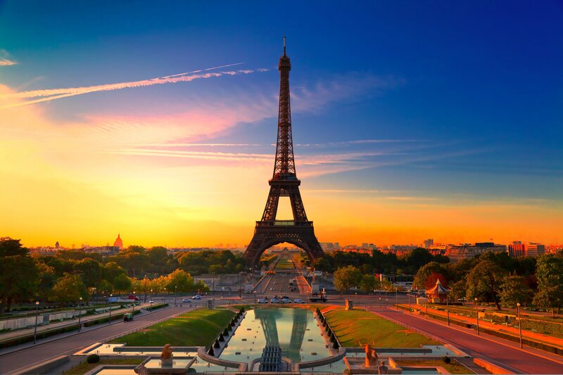 Eiffel Tower at Sunset — Blue, Dramatic, Photograph, Sky, Trees, Fountain