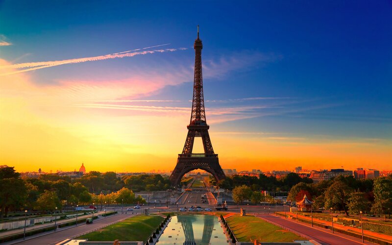 Eiffel Tower at Sunset — Blue, Dramatic, Photograph, Sky, Trees