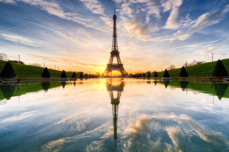 Eiffel Tower at Sunset — Blue, Serene, Photograph, Sky, Reflection