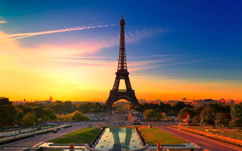 Eiffel Tower at Sunset — Blue, Serene, Photograph, Sky, Trees, Fountain