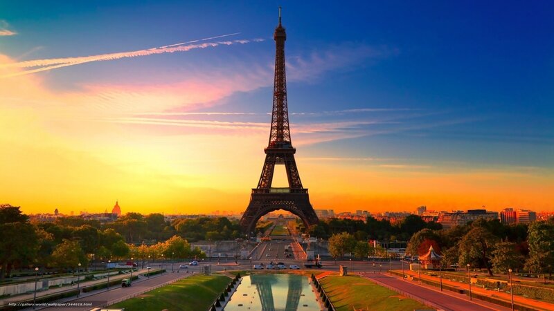 Eiffel Tower at Sunset — Blue, Serene, Photograph, Sky, Trees