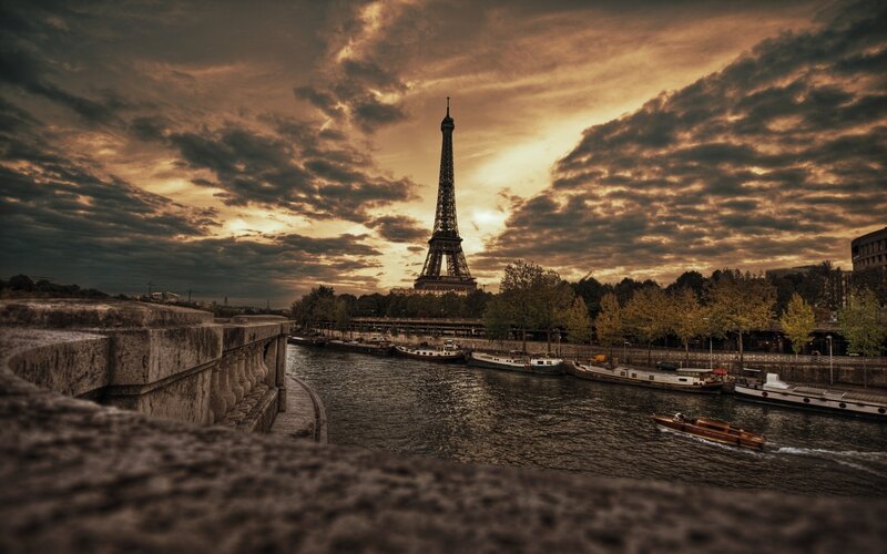 Eiffel Tower at Sunset — Brown, Dramatic, Photograph, River