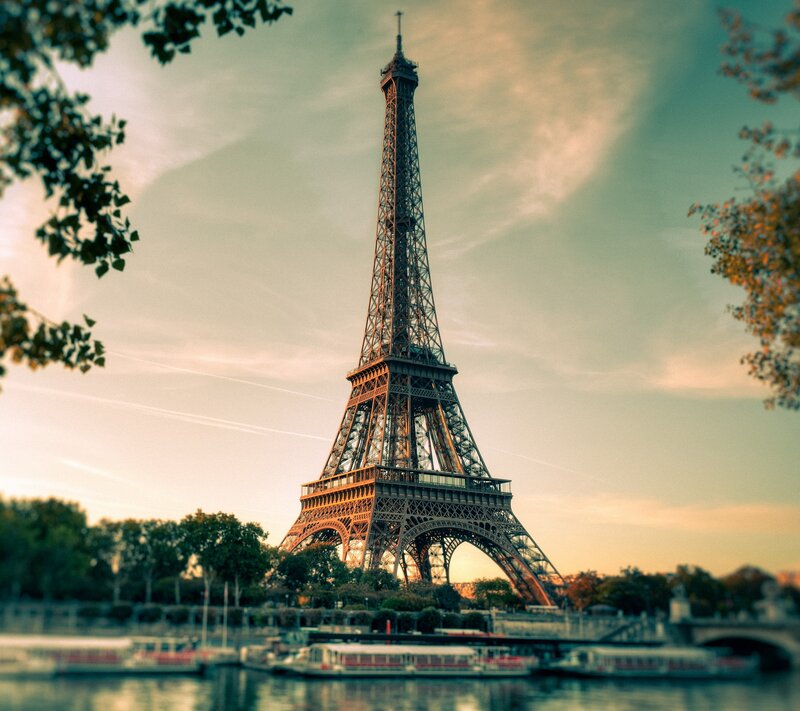 Eiffel Tower at Sunset — Green, Serene, Photograph, River
