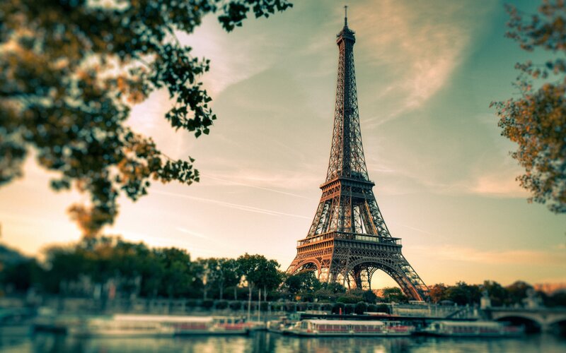 Eiffel Tower at Sunset — Green, Serene, Photograph