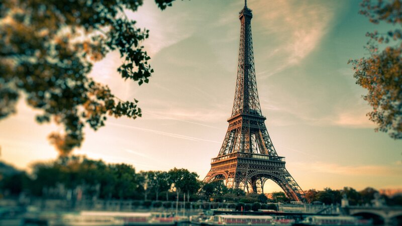Eiffel Tower at Sunset — Green, Serene, Photograph, Trees, River