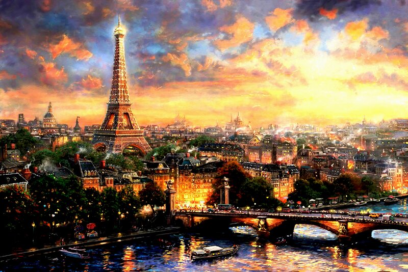 Eiffel Tower at Sunset — Orange, Dramatic, Painting