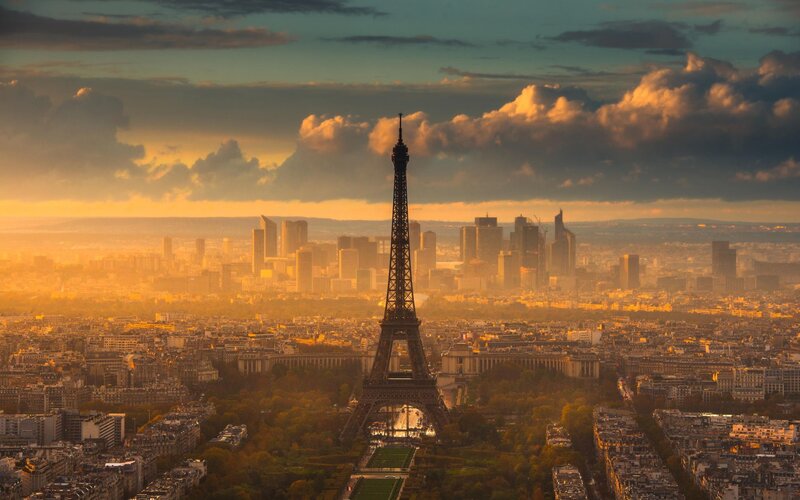 Eiffel Tower at Sunset — Orange, Dramatic, Photograph, Cityscape, Clouds