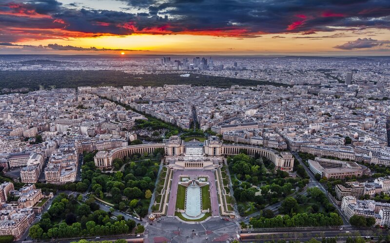 Eiffel Tower at Sunset — Orange, Dramatic, Photograph, Cityscape, Fountain