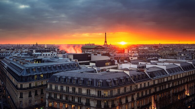 Eiffel Tower at Sunset — Orange, Dramatic, Photograph, Cityscape, Sky, Buildings