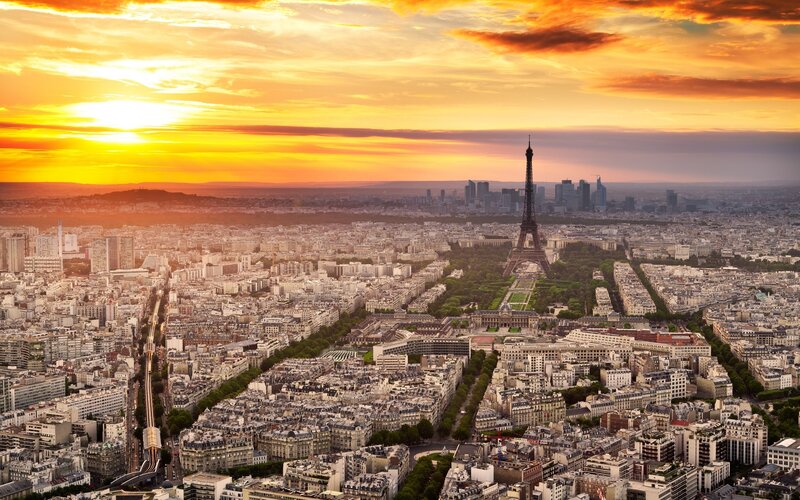 Eiffel Tower at Sunset — Orange, Dramatic, Photograph, Cityscape, Skyscrapers, Trees