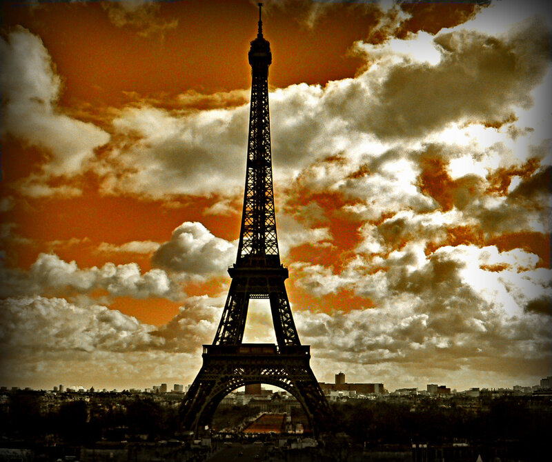 Eiffel Tower at Sunset — Orange, Dramatic, Photograph, Clouds, Cityscape