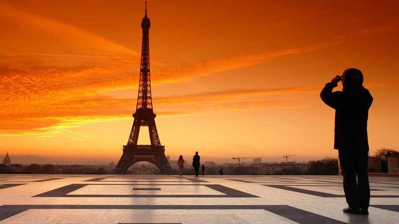 Eiffel Tower at Sunset — Orange, Dramatic, Photograph, People