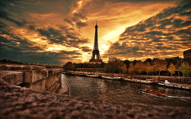 Eiffel Tower at Sunset — Orange, Dramatic, Photograph, River, Boats