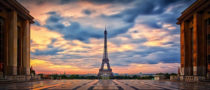 Eiffel Tower at Sunset — Orange, Dramatic, Photograph, Sky, Buildings