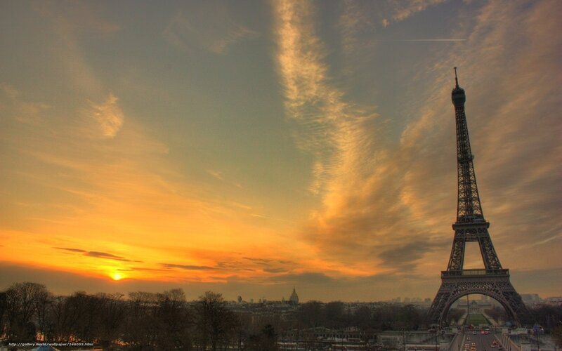 Eiffel Tower at Sunset — Orange, Dramatic, Photograph, Sun, Clouds
