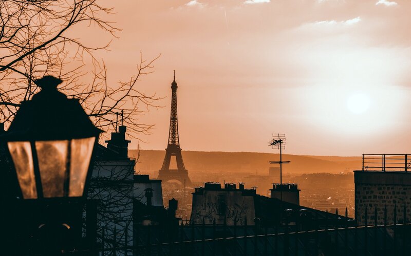 Eiffel Tower at Sunset — Orange, Serene, Photograph, Street Lamp