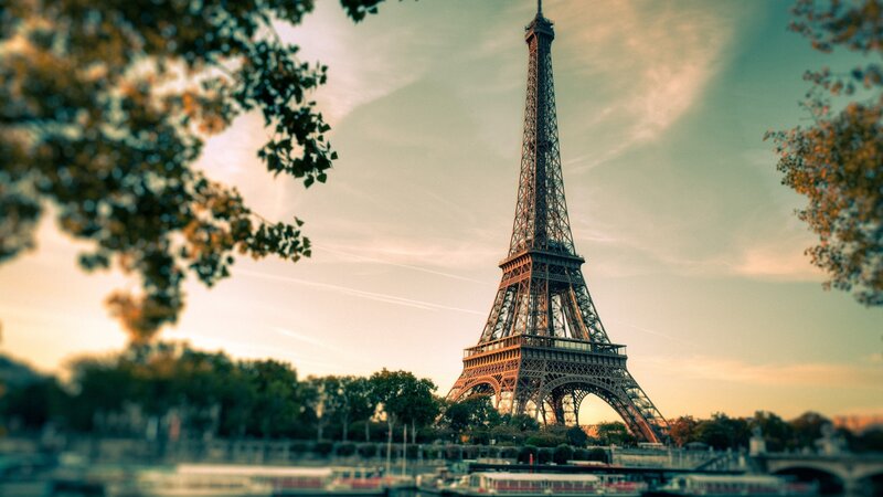 Eiffel Tower at Sunset — Orange, Serene, Photograph, Trees, River
