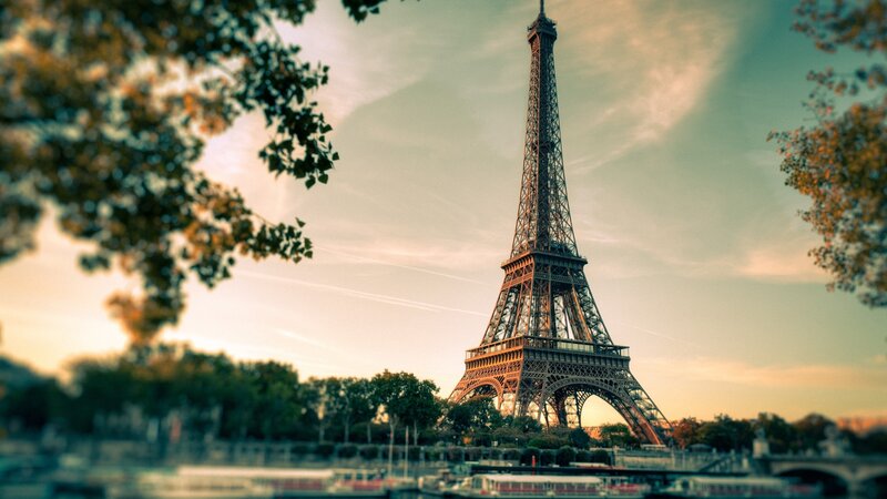 Eiffel Tower at Sunset — Orange, Serene, Photograph, Trees