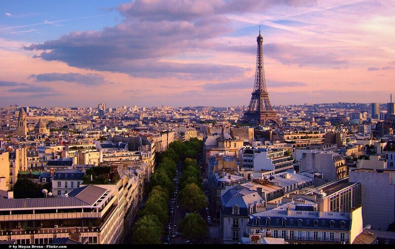 Eiffel Tower at Sunset — Pink, Serene, Photograph