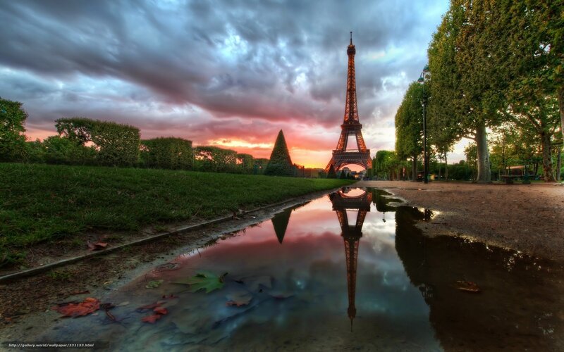 Eiffel Tower at Sunset — Red, Dramatic, Photograph, Puddle