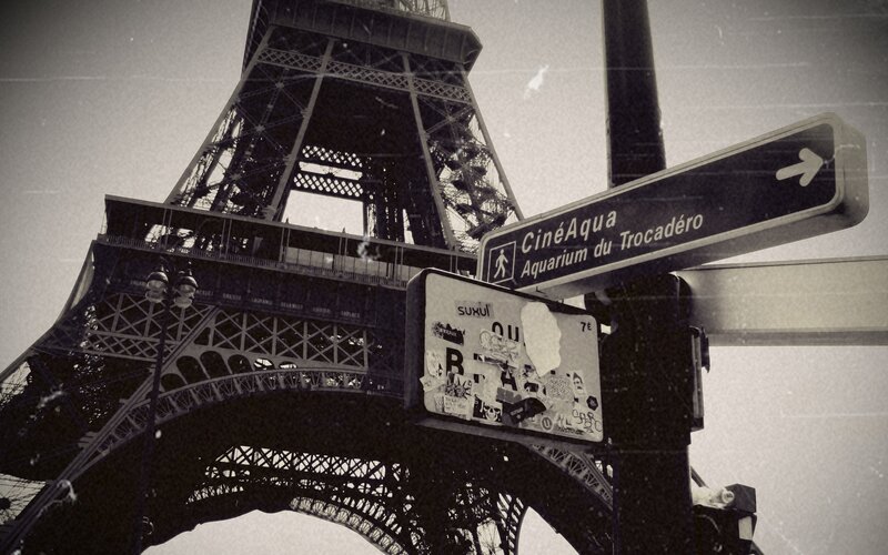 Eiffel Tower Base — Black, Dramatic, Photograph, Street Sign