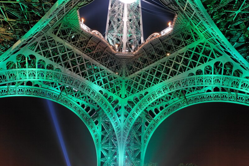 Eiffel Tower Base — Green, Dramatic, Night