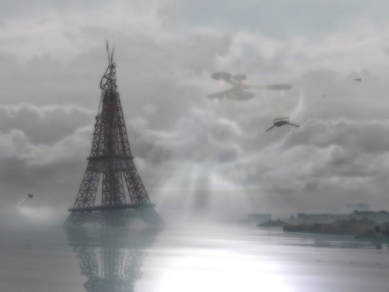 Eiffel Tower in a foggy sky