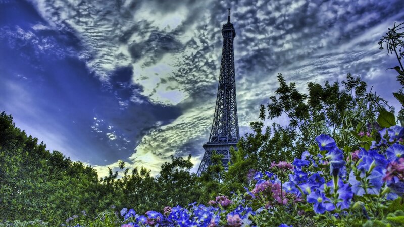 Eiffel Tower in Garden — Blue, Dramatic, Afternoon, Photograph