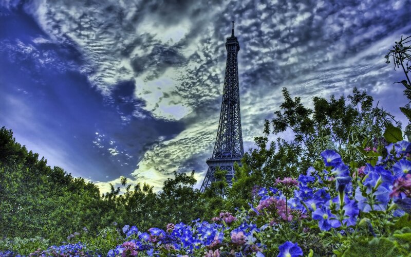 Eiffel Tower in Garden — Blue, Dramatic, Afternoon