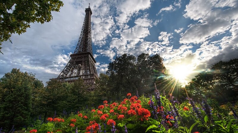 Eiffel Tower in Garden — Blue, Dramatic, Sunset