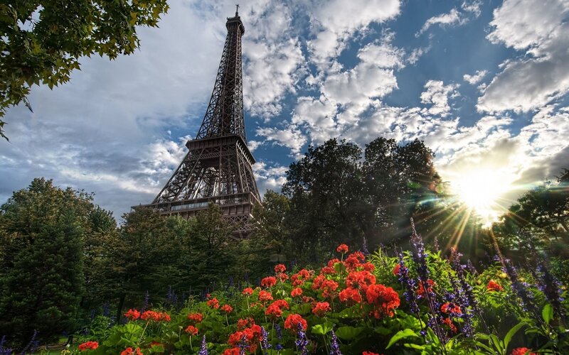 Eiffel Tower in Garden — Red, Dramatic, Afternoon, Photograph