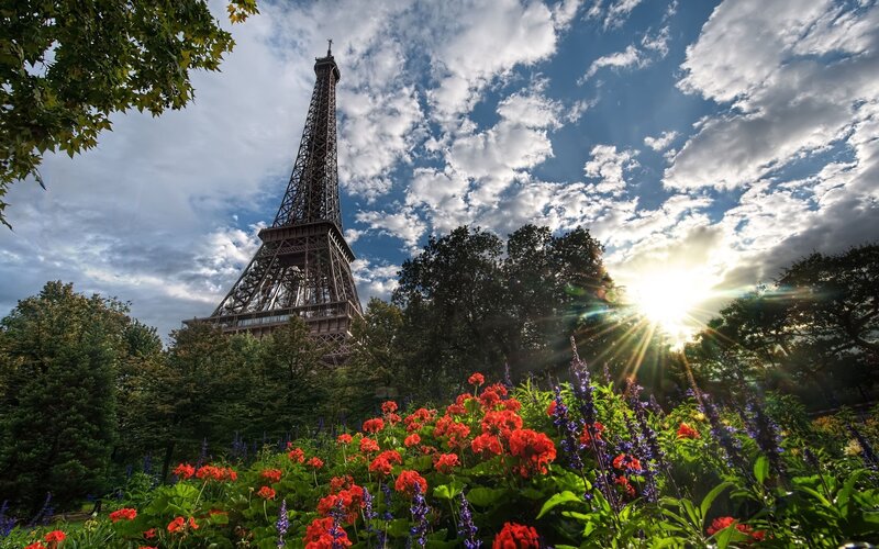 Eiffel Tower in Garden — Red, Dramatic, Sunset