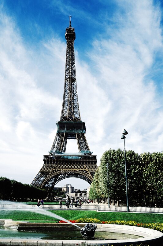 Eiffel Tower in Paris — Blue, Bright, Afternoon, Photograph, Fountain