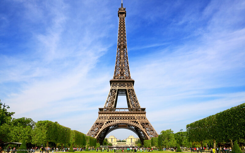 Eiffel Tower in Paris — Blue, Bright, Afternoon, Photograph, Trees