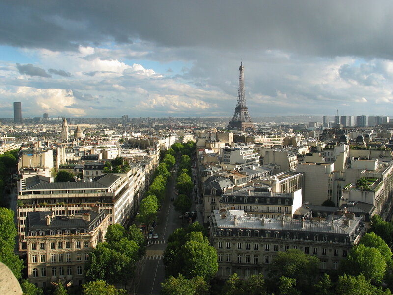 Eiffel Tower in Paris — Gray, Dramatic, Afternoon, Photograph, Buildings, Trees