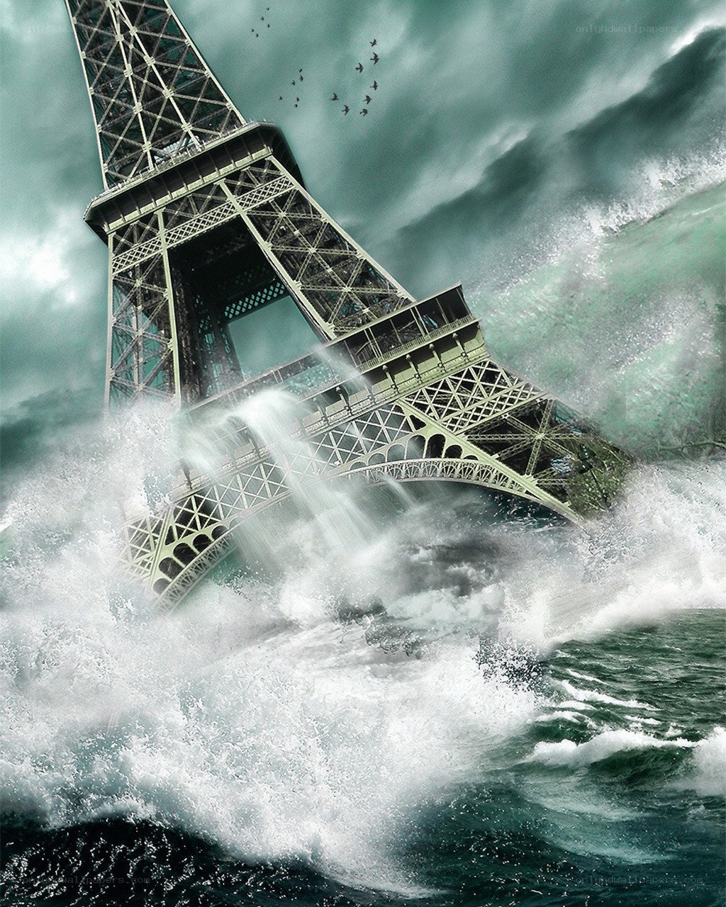 Eiffel Tower in stormy sea